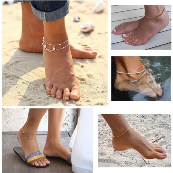 16Pcs Ankle Bracelets for Women Gold Silver TwoStyle Chain Beach Anklet Bracelet - Picture 3 of 8